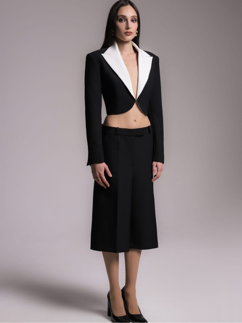 Cropped Black Blazer with White Lapel - Women's Tailored Top